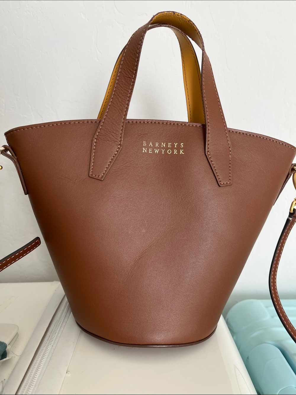 Barneys New York Brown Leather Bucket Crossbody Bag